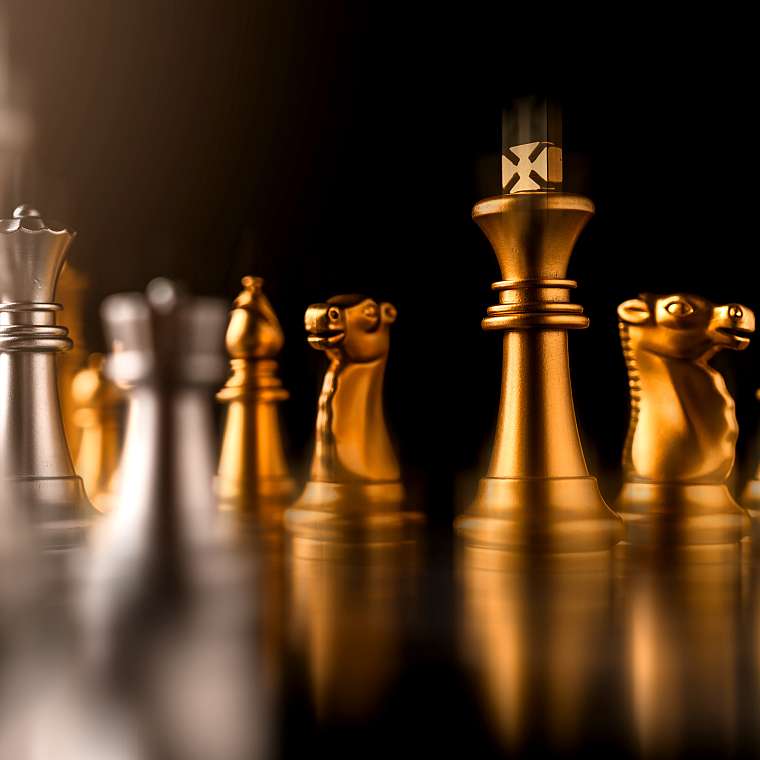 Schachfiguren aus hellem und dunklem Holz auf eine Schachbrett in einer typischen Schachsituation, vergleichbar mit dem Consulting
